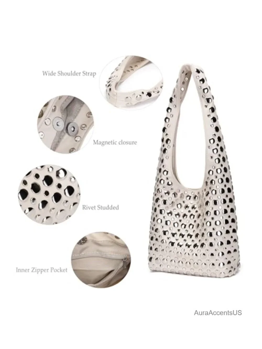 Studded Hobo Bag Y2K Rivets Bucket Purse Faux Leather Shoulder Bag